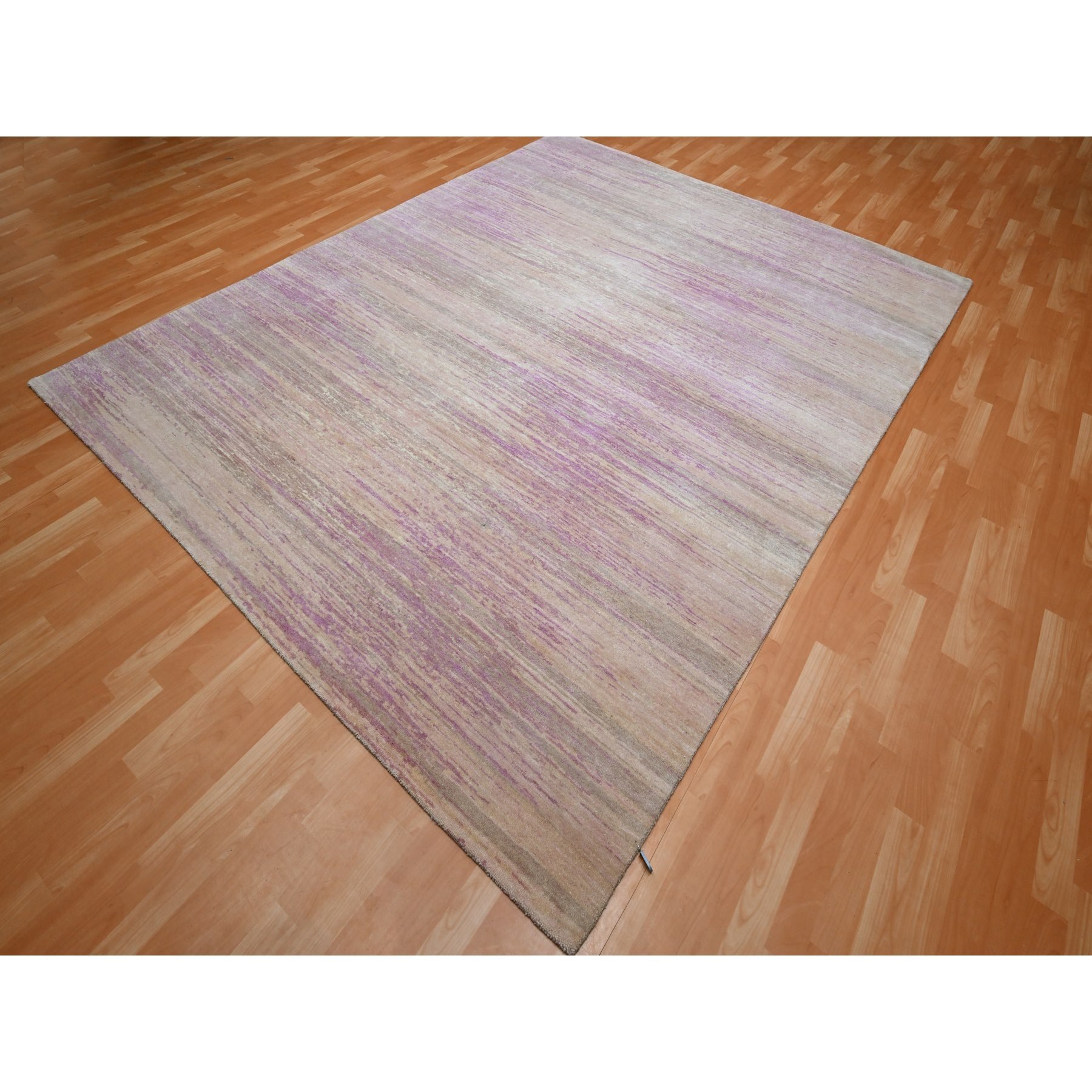 8'1"x10'3" Fuscia Pink with Ivory, Horizontal Ombre Design, Hand Knotted, Pure Wool, Oriental Rug HR75513 - Image 3