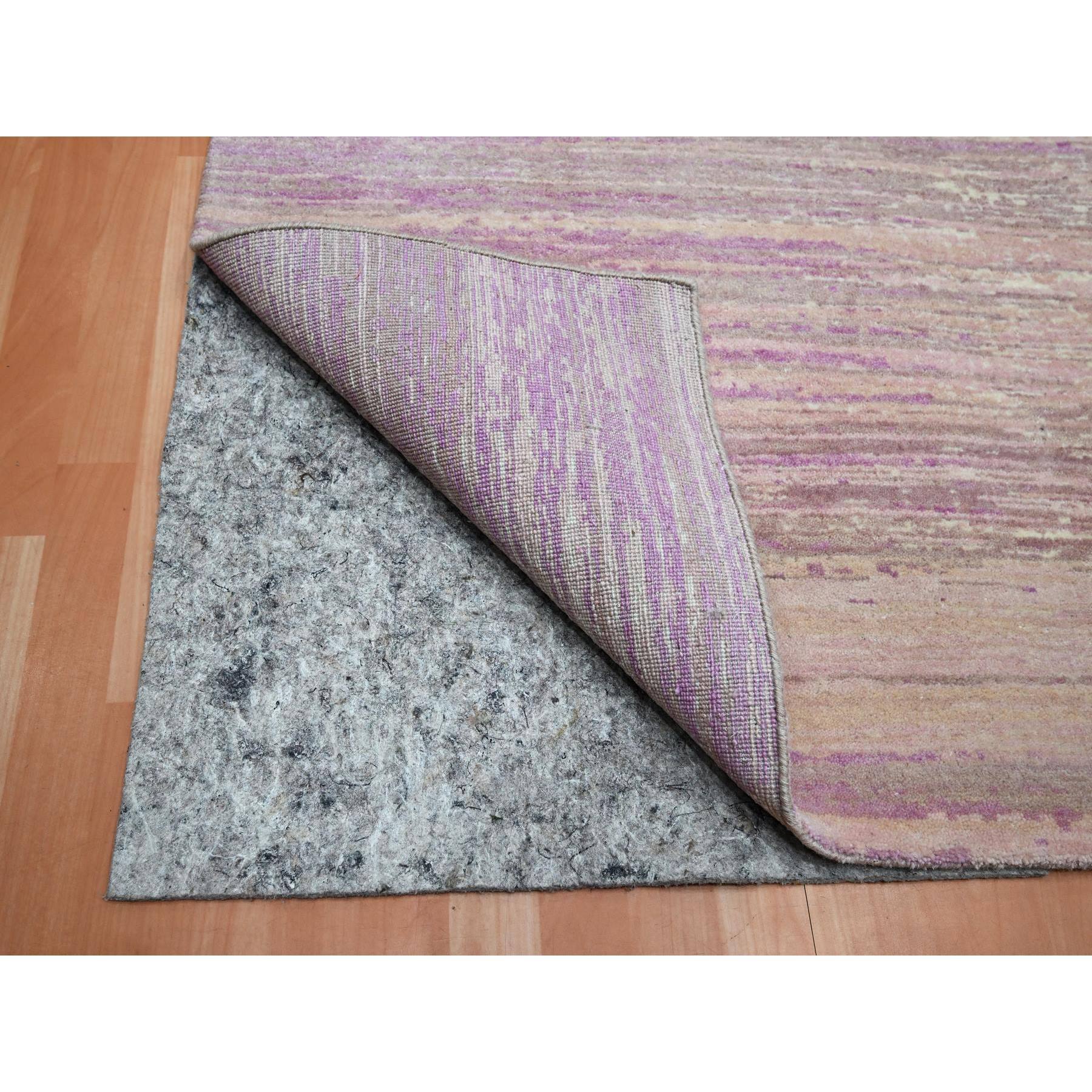 8'1"x10'3" Fuscia Pink with Ivory, Horizontal Ombre Design, Hand Knotted, Pure Wool, Oriental Rug HR75513 - Image 4