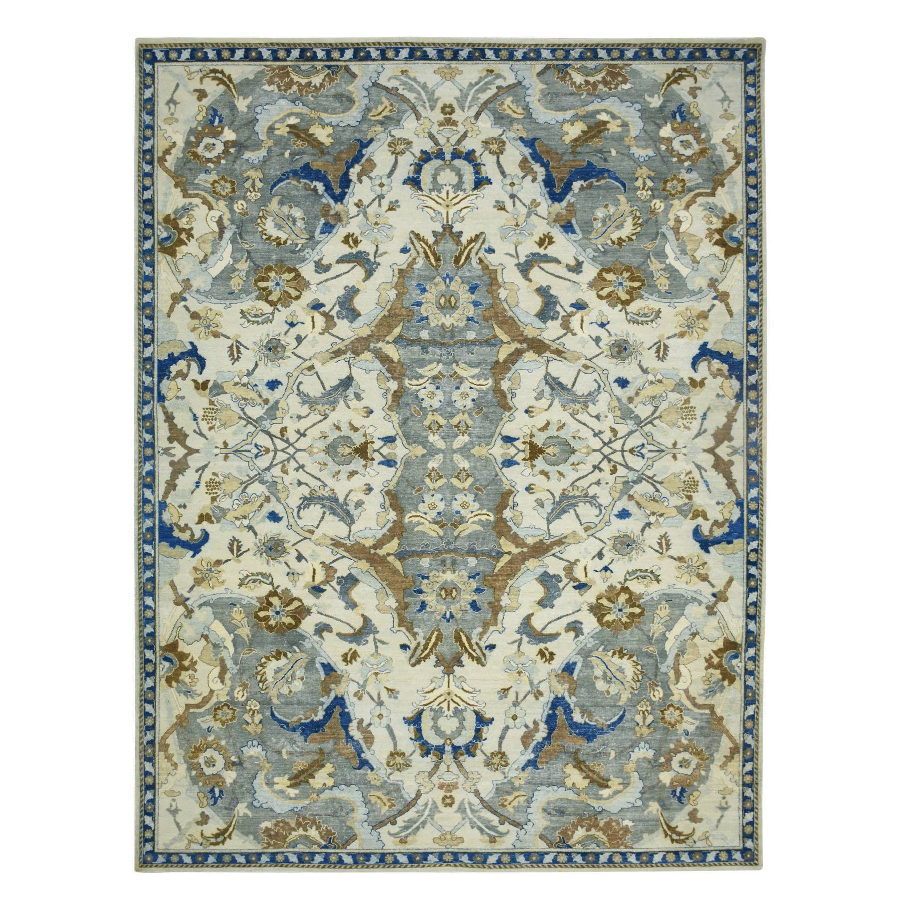 9'2"x12'3" Chiffon White with Brown, Polonaise Czartoryski with Persian Isphahan Inspired Design, Hand Knotted, Zero Pile, 100% Wool, Oriental Rug HR75521