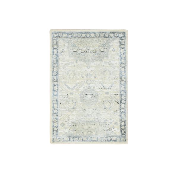 2'1"x3'2" Pastel Gray, Silk and Oxidized Wool, Oushak Design with Geometric Pattern, Hand Knotted, Mat, Oriental Rug HR75525