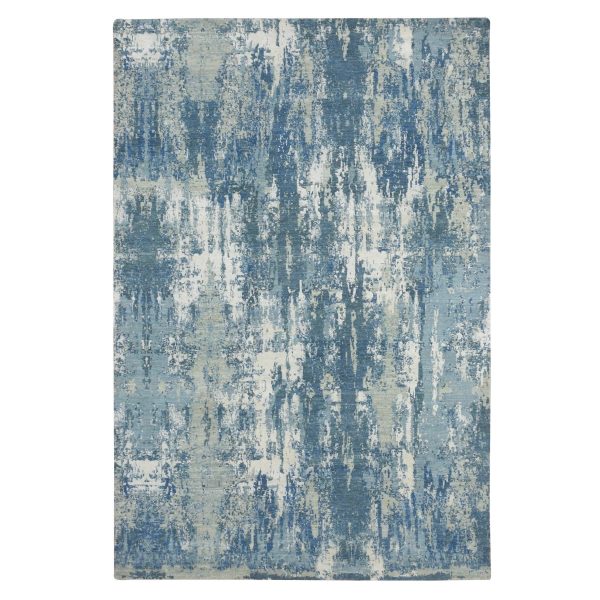 6'x9'2" Cerulean Blue, Abstract Design, Denser Weave, Hi-Low Pile, Pure Wool, Hand Knotted, Oriental Rug HR75534