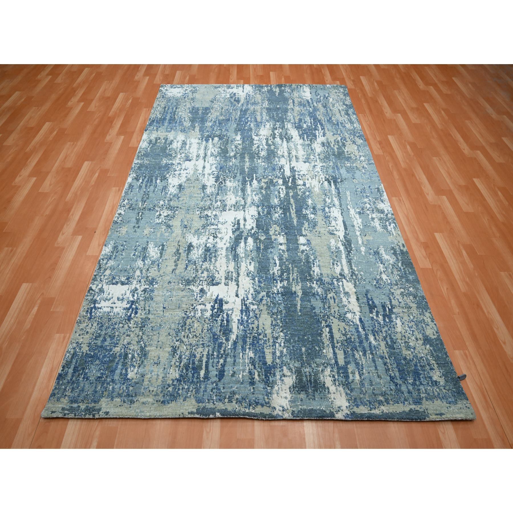 6'x9'2" Cerulean Blue, Abstract Design, Denser Weave, Hi-Low Pile, Pure Wool, Hand Knotted, Oriental Rug HR75534 - Image 2