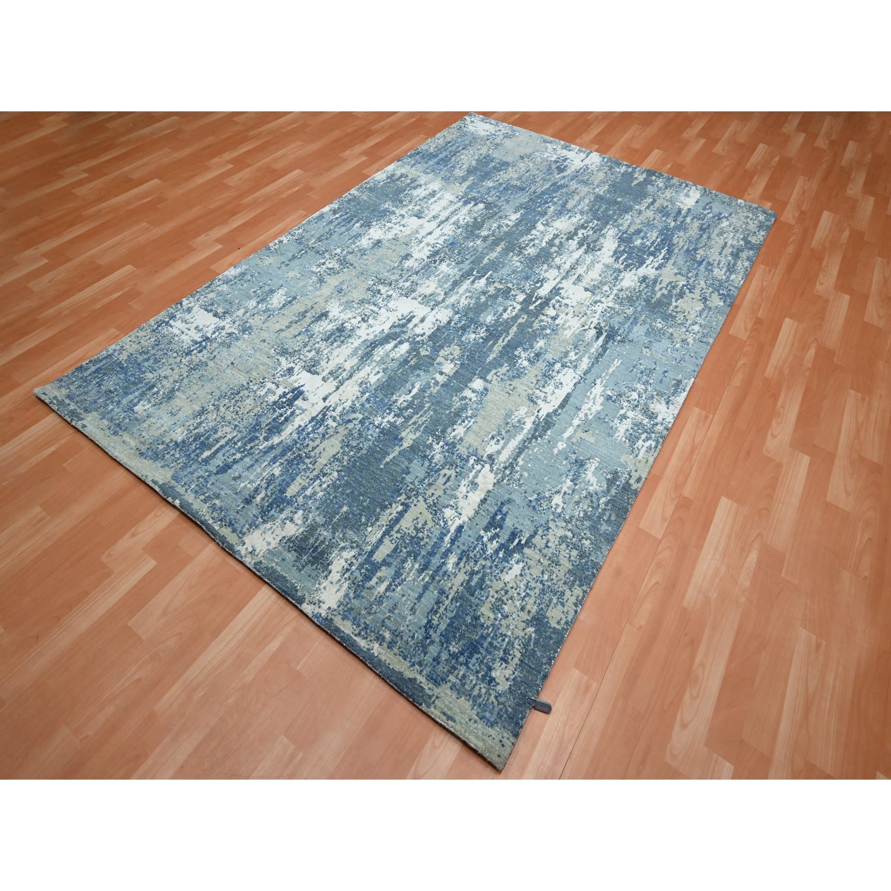 6'x9'2" Cerulean Blue, Abstract Design, Denser Weave, Hi-Low Pile, Pure Wool, Hand Knotted, Oriental Rug HR75534 - Image 3