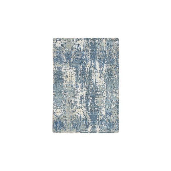 2'1"x3' Stone Blue, Abstract Design, Denser Weave, Hi-Low Pile, Pure Wool, Hand Knotted, Mat, Oriental Rug HR75538
