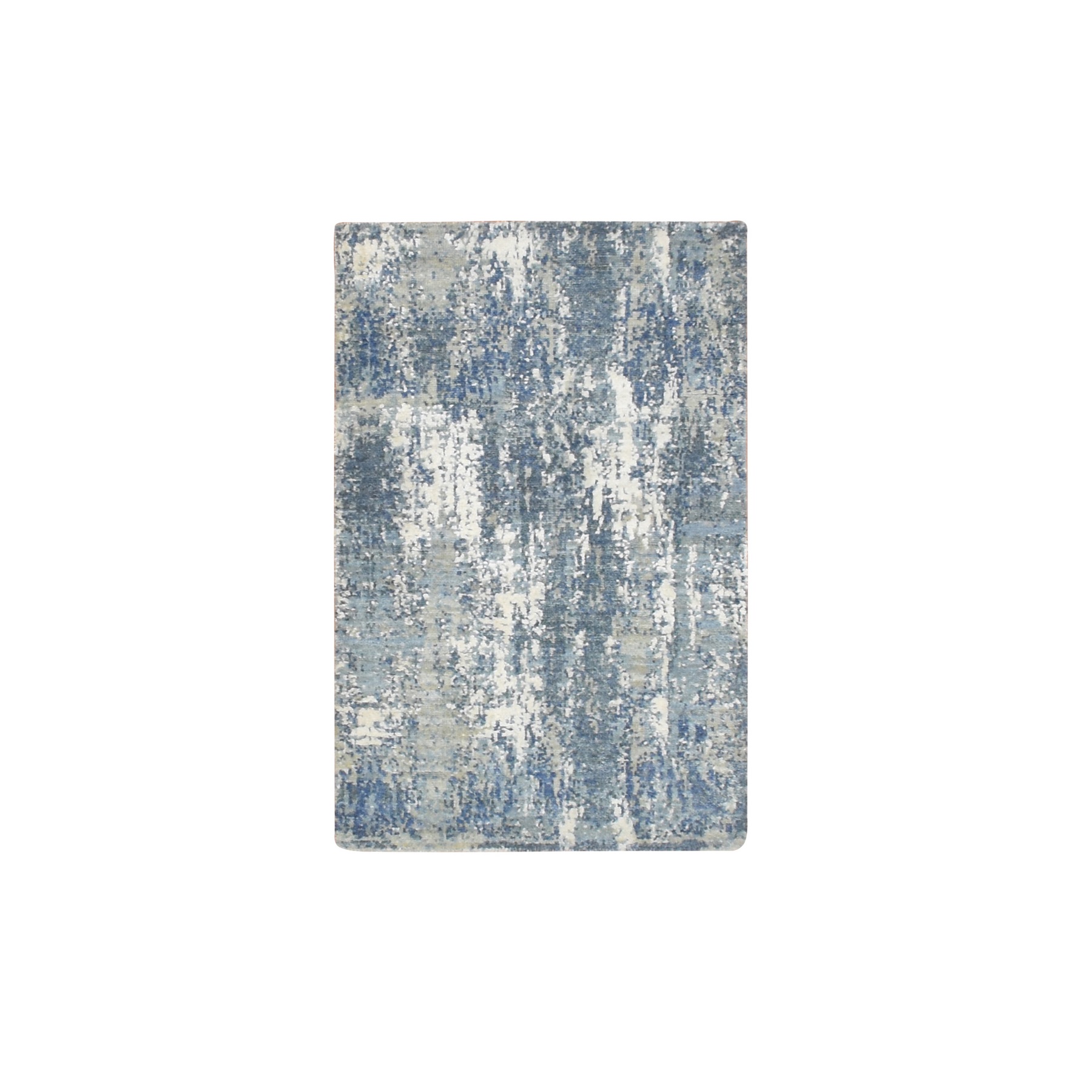 2'x3'2" Imperial Blue, Abstract Design, Pure Wool, Denser Weave, Hi-Low Pile, Hand Knotted, Mat, Oriental Rug HR75539