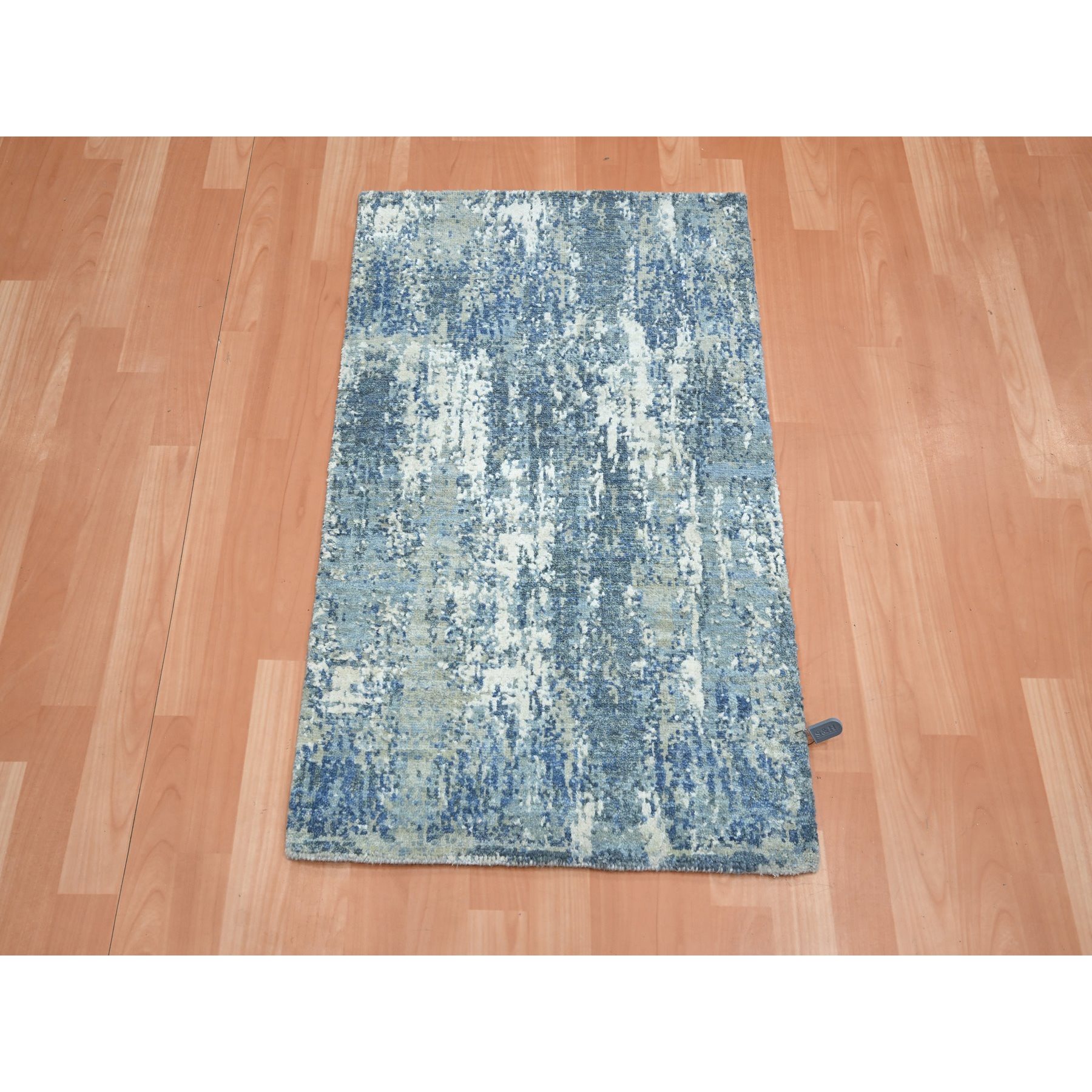 2'x3'2" Imperial Blue, Abstract Design, Pure Wool, Denser Weave, Hi-Low Pile, Hand Knotted, Mat, Oriental Rug HR75539 - Image 2