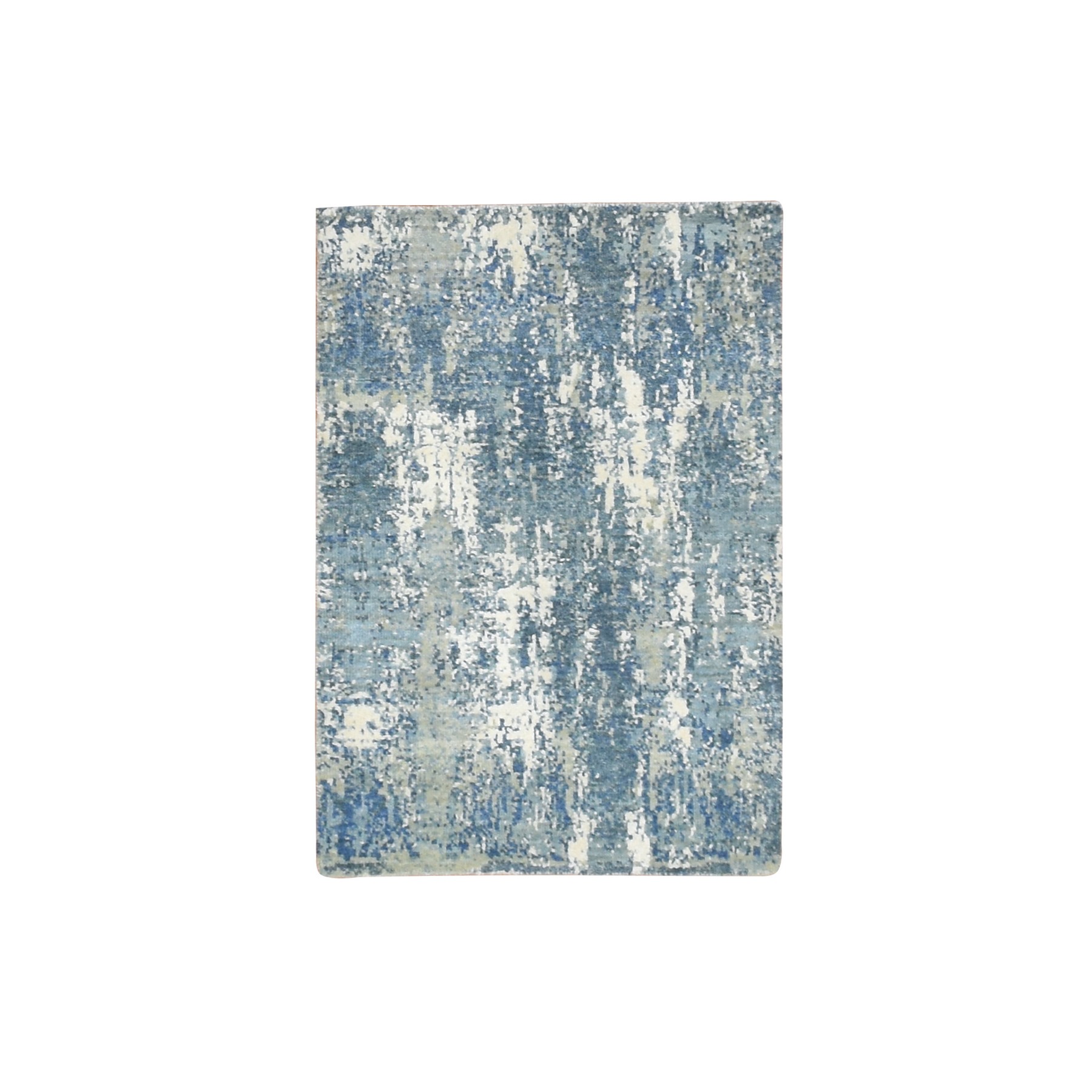 2'1"x3' Cerulean Blue, Abstract Design, Denser Weave, Hi-Low Pile, Pure Wool, Hand Knotted, Mat, Oriental Rug HR75540