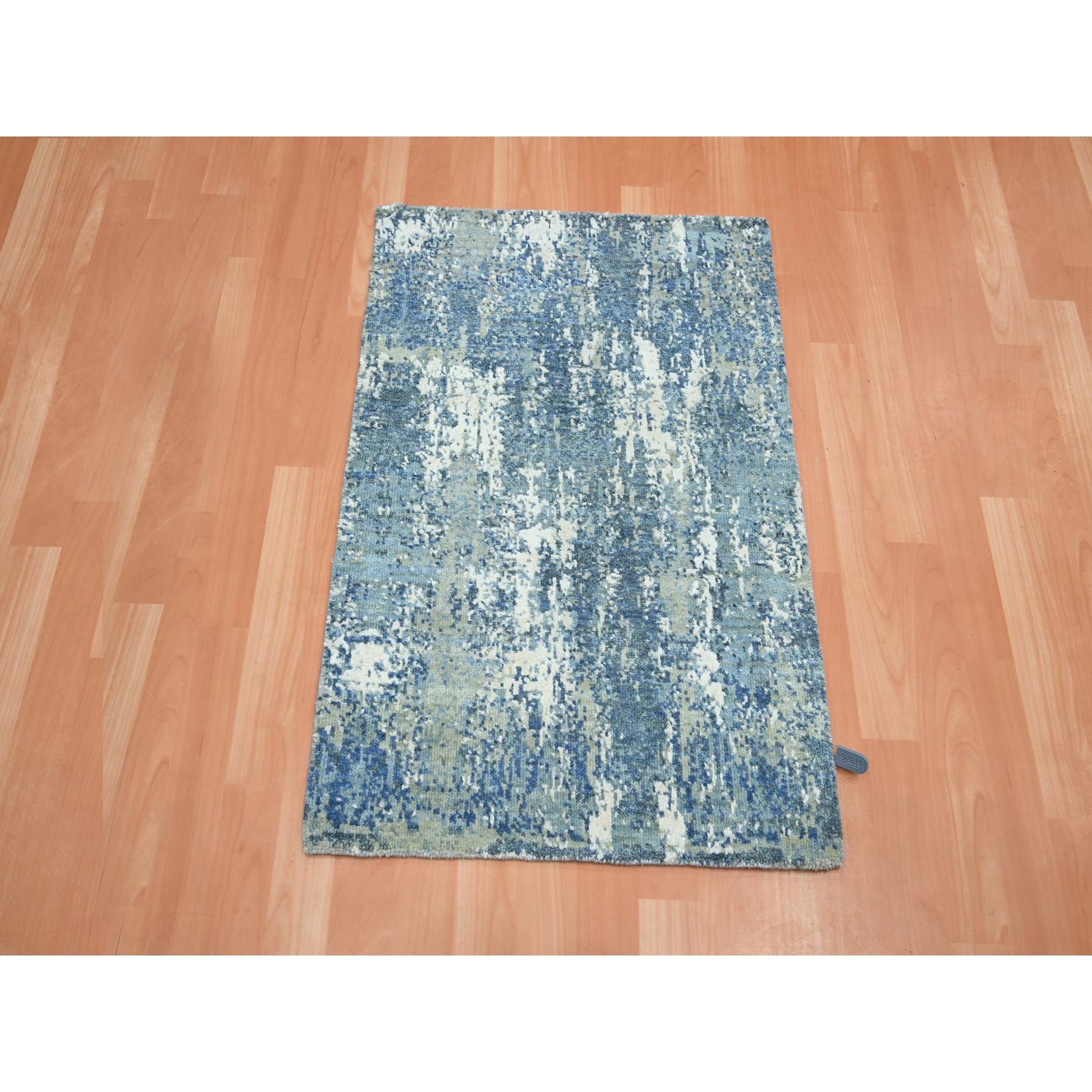 2'1"x3' Cerulean Blue, Abstract Design, Denser Weave, Hi-Low Pile, Pure Wool, Hand Knotted, Mat, Oriental Rug HR75540 - Image 2