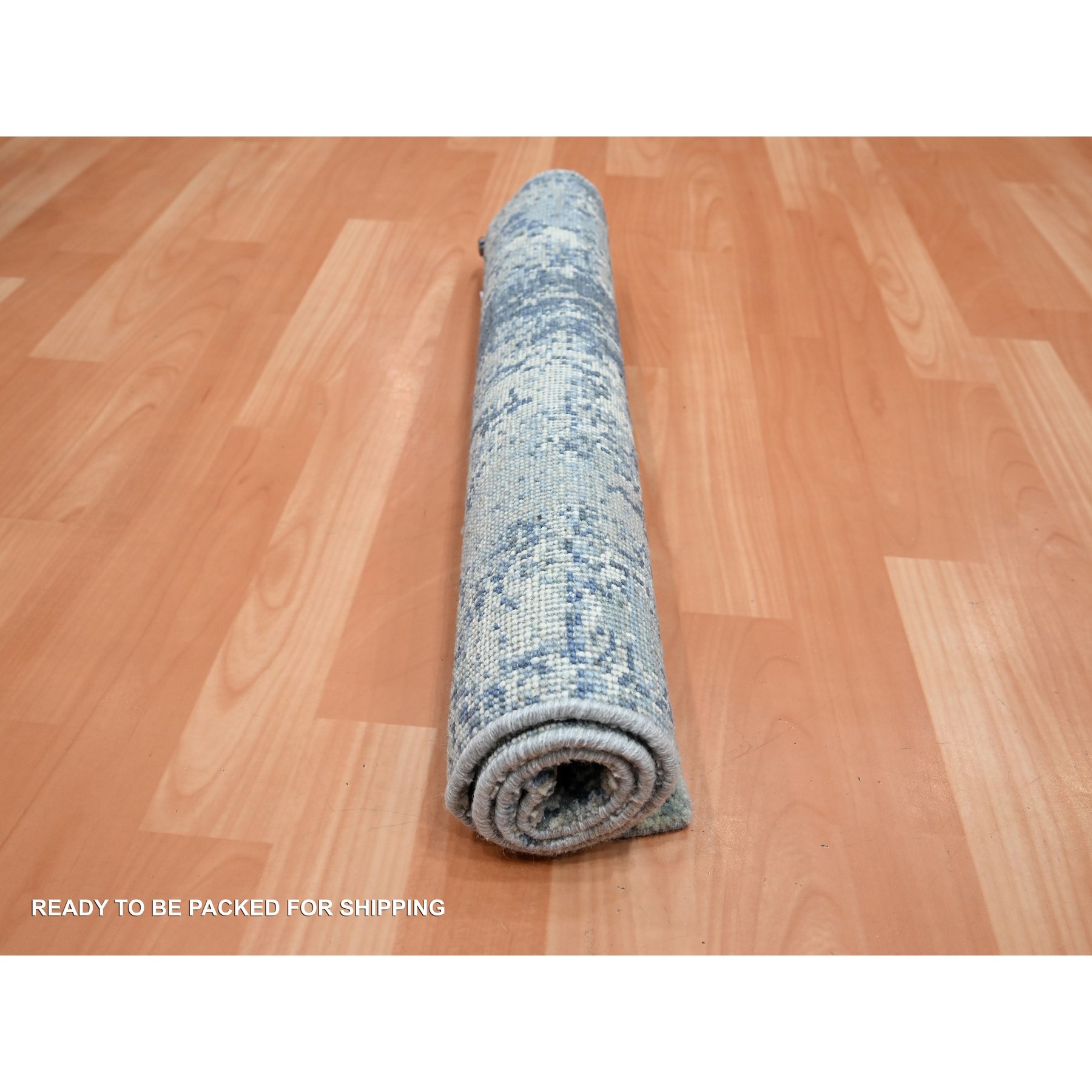 2'1"x3' Cerulean Blue, Abstract Design, Denser Weave, Hi-Low Pile, Pure Wool, Hand Knotted, Mat, Oriental Rug HR75540 - Image 5