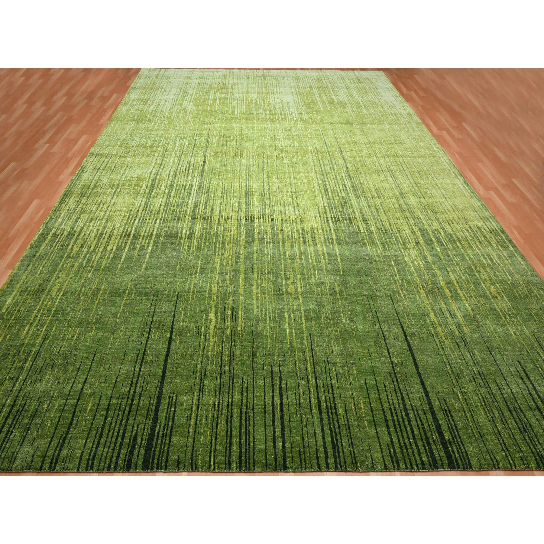 12'2"x15' Moss Green, Vertical Ombre Design, Hand Knotted, Soft and Vibrant Wool, Oversized, Oriental Rug HR75541 - Image 2
