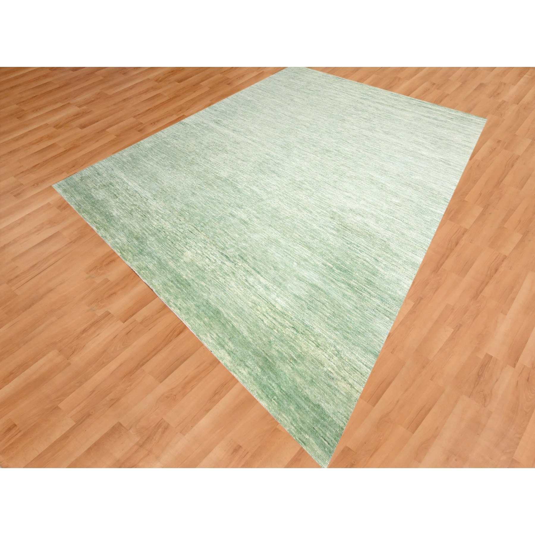 9'4"x12'4" Mist Green, Modern Plain Design, Borderless, Densely Woven, Pure Wool, Hand Knotted, Oriental Rug HR76080 - Image 3