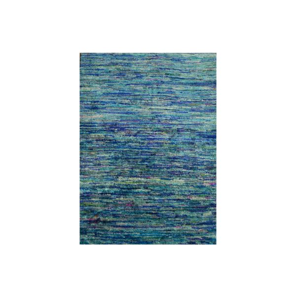 2'x3' Vivid Blue with Mix of Teal, Plain Solid Design, Hand Knotted, Pure Sari Silk, Mat, Oriental Rug HR76103