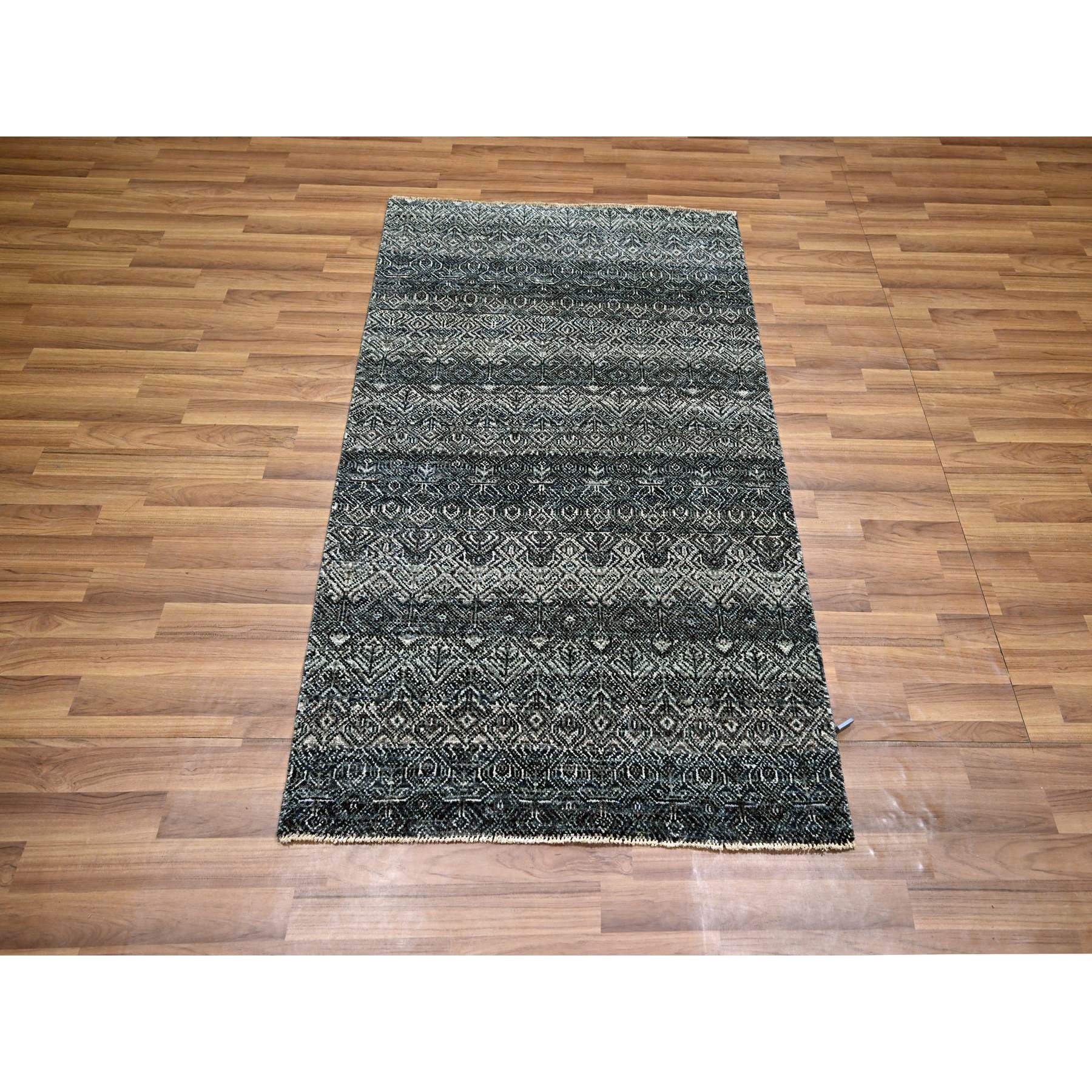 3'1"x5' Charcoal Gray, Small Repetitive Diamond Shaped Geometric Elements, Kohinoor Herat, Hand Knotted, Tone On Tone, Soft To The Touch, Pure Wool, Oriental Rug HR76156 - Image 2