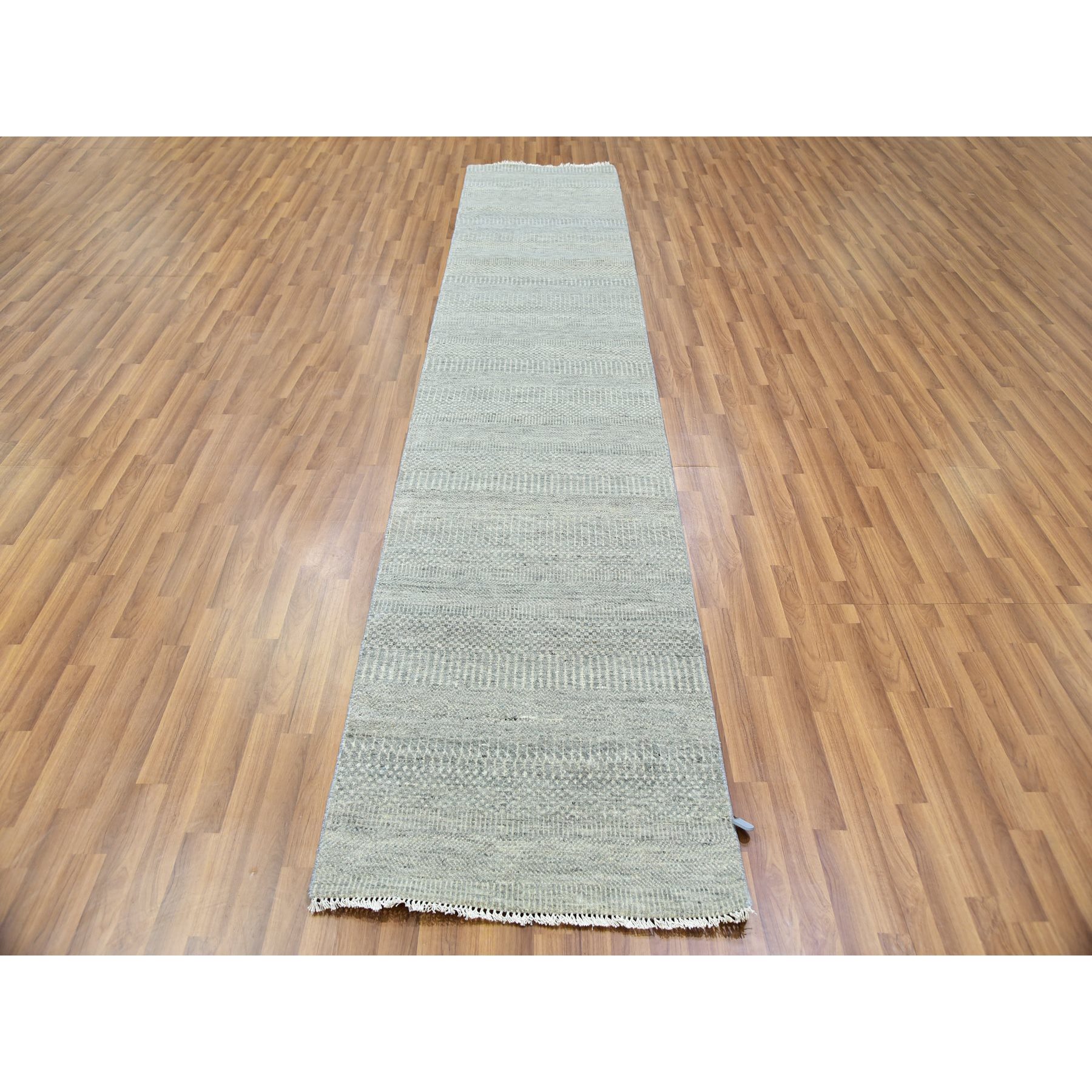2'6"x12'4" Dorian Gray, Modern Tone on Tone Grass Design, Undyed Velvety Wool, Hand Knotted, Runner Oriental Rug HR79887 - Image 2