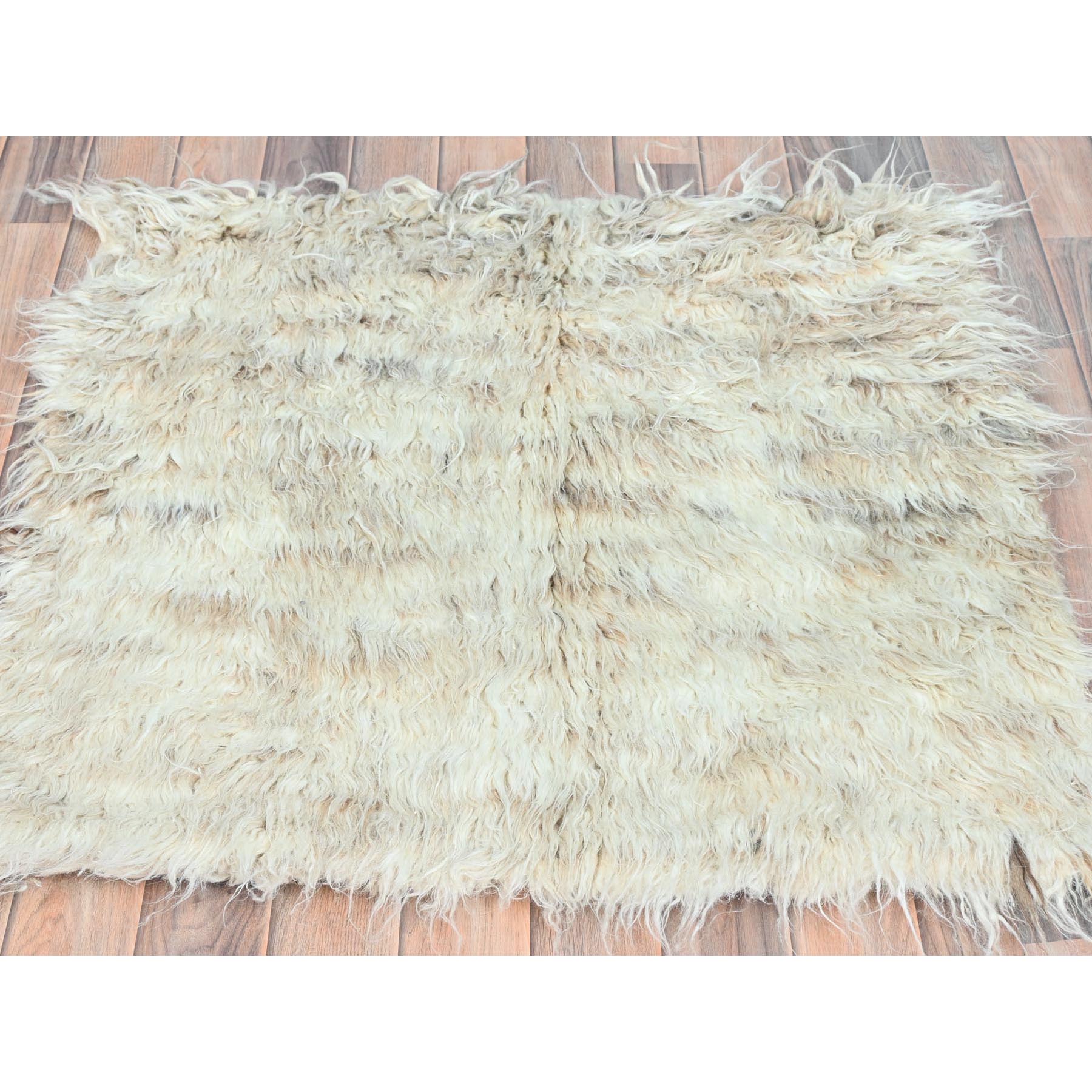3'x3' Beige, Shag Flokati Greek Style, Undyed Natural Wool Hand Knotted, Square Oriental Rug HR82021 - Image 2