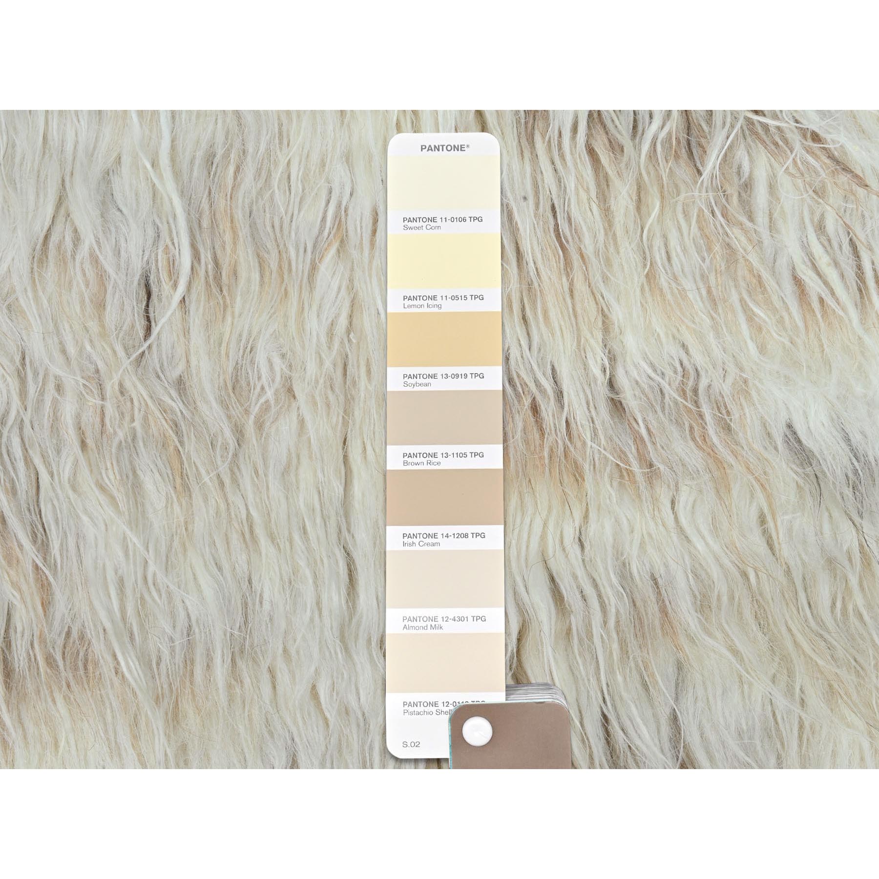 3'x3' Beige, Shag Flokati Greek Style, Undyed Natural Wool Hand Knotted, Square Oriental Rug HR82021 - Image 4