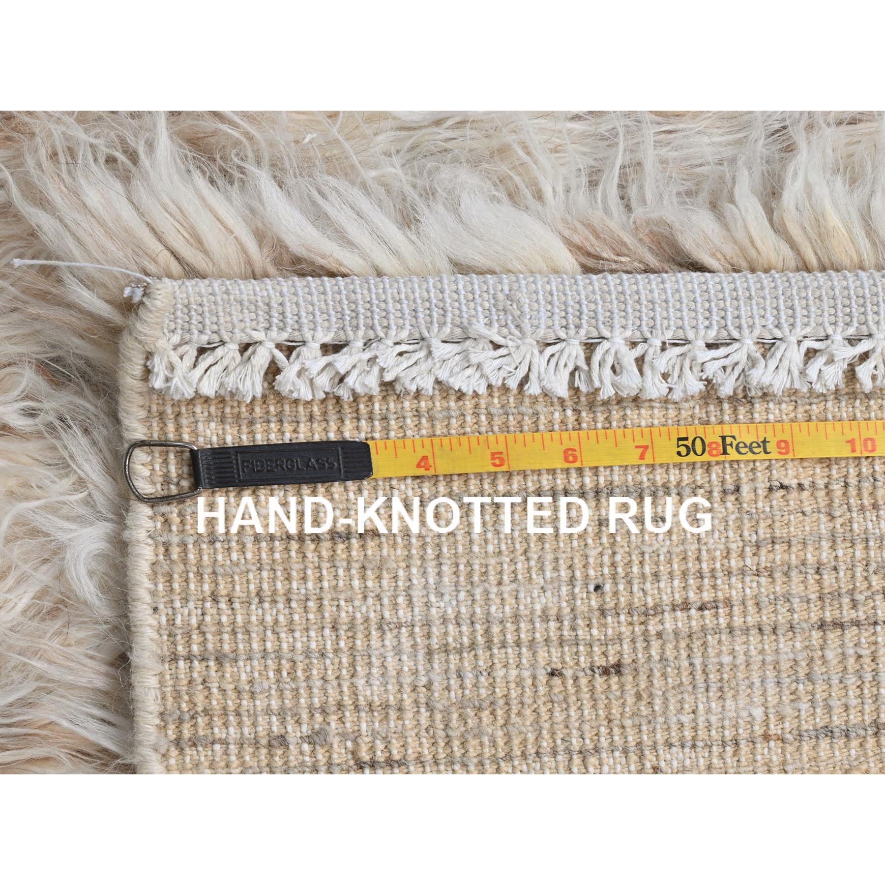3'x3' Beige, Shag Flokati Greek Style, Undyed Natural Wool Hand Knotted, Square Oriental Rug HR82021 - Image 7