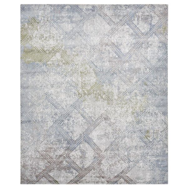 12'3"x15'3" Silver Gray, TRELLIS MOSAIC DESIGN, Wool with Pure Silk, Hand Knotted, Oversized Oriental Rug HR87998