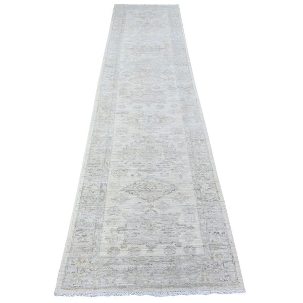 2'8"x11'3" High Reflective White, Distressed White Wash Peshawar, Hand Knotted, 100% Wool, Runner Oriental Rug HR88552
