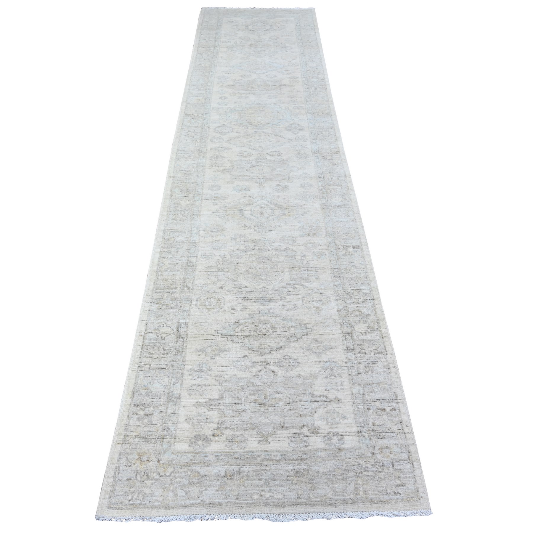 2'8"x11'3" High Reflective White, Distressed White Wash Peshawar, Hand Knotted, 100% Wool, Runner Oriental Rug HR88552
