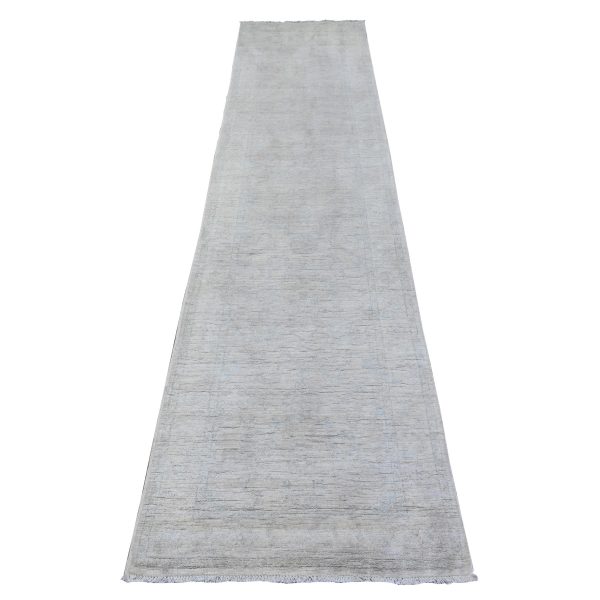 2'7"x11'2" Spring White, Faded Out, White Wash Peshawar, Hand Knotted, Pure Wool, Runner Oriental Rug HR88588