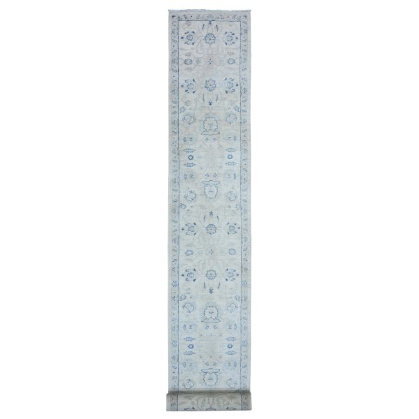 2'6"x19'5" Coconut White, Hand Knotted, 100% Wool, White Wash Peshawar Subtle Design, XL Runner, Oriental Rug HR88592