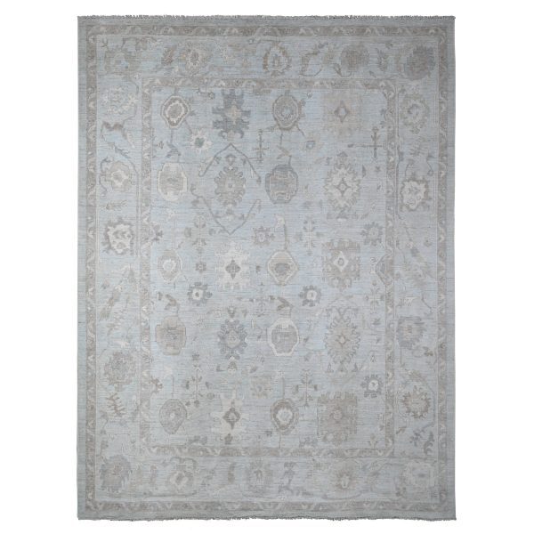 9'2"x12' Cloud Gray, Vegetable Dyes, Wool Weft, Hand Knotted, Faded Out Angora Oushak, All Over Tribal Elements, Oriental Rug HR88669