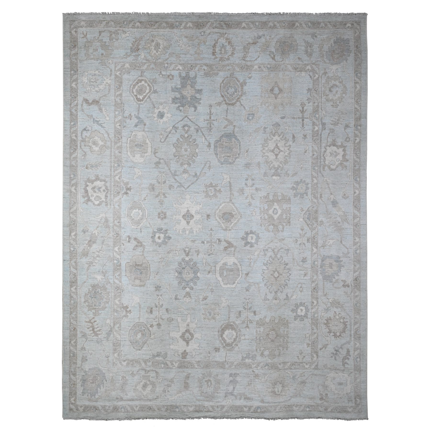 9'2"x12' Cloud Gray, Vegetable Dyes, Wool Weft, Hand Knotted, Faded Out Angora Oushak, All Over Tribal Elements, Oriental Rug HR88669