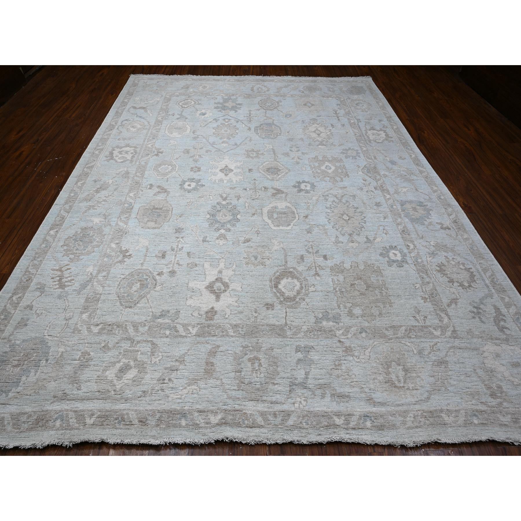 9'2"x12' Cloud Gray, Vegetable Dyes, Wool Weft, Hand Knotted, Faded Out Angora Oushak, All Over Tribal Elements, Oriental Rug HR88669 - Image 2