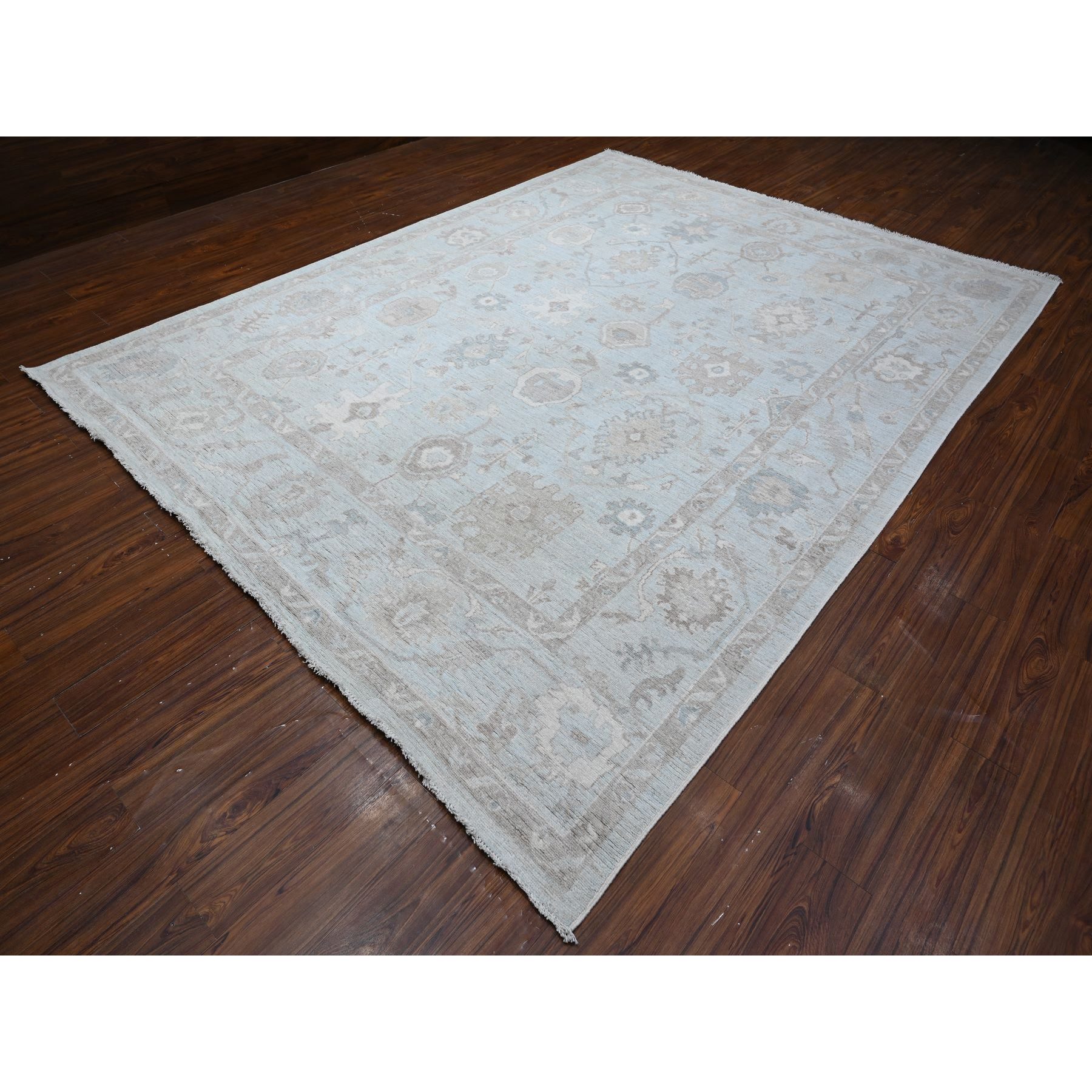 9'2"x12' Cloud Gray, Vegetable Dyes, Wool Weft, Hand Knotted, Faded Out Angora Oushak, All Over Tribal Elements, Oriental Rug HR88669 - Image 3