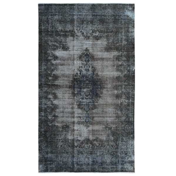 7'4"x13'3" Charcoal Gray, Soft Wool, Erased Medallion Design, Worn And Distressed Look, Cropped Thin, Sides Professionally Secured, Hand Knotted Vintage Persian Kerman, Gallery Size Oriental Rug HR89547