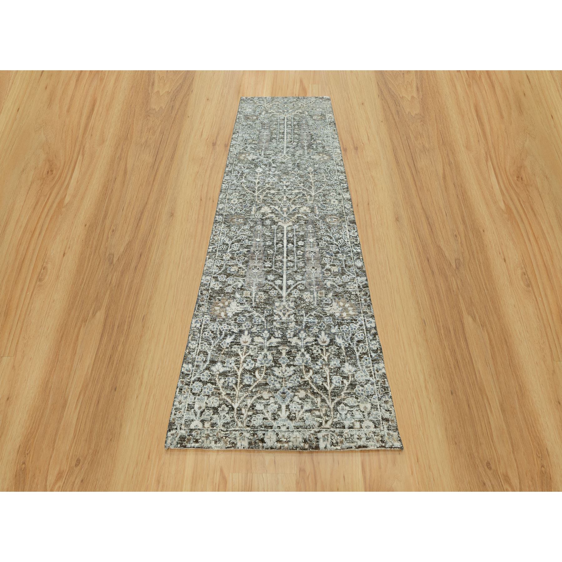 2'4"x8'1" Peppercorn Gray, Hand Knotted Borderless, Silk With Textured Wool, Willow And Cypress Tree Design, Oriental Runner Rug HR90684 - Image 2