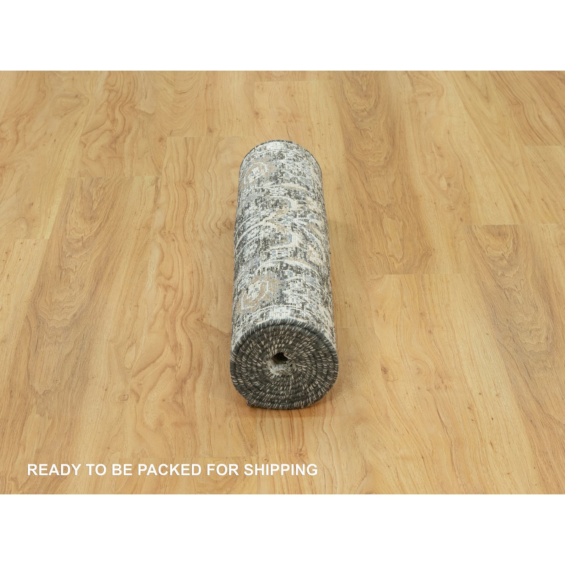 2'4"x8'1" Peppercorn Gray, Hand Knotted Borderless, Silk With Textured Wool, Willow And Cypress Tree Design, Oriental Runner Rug HR90684 - Image 6