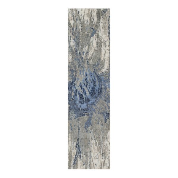 2'7"x10'2" Yale Blue with Ivory, Abstract Design, Wool and Silk, Hi-low Pile, Hand Knotted, Lush and Plush, Runner, Oriental Rug HR91290