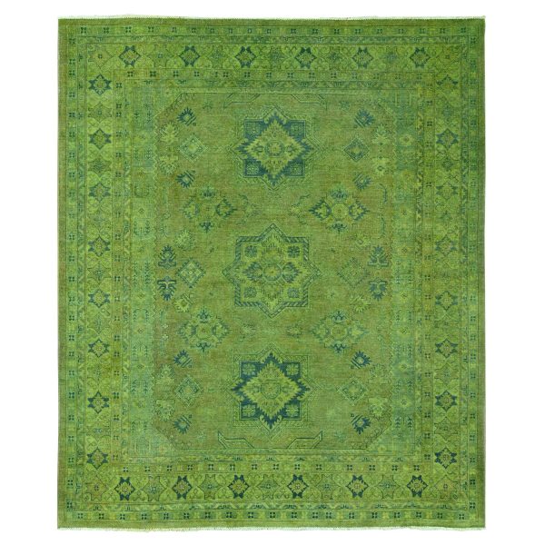 8'x9'6" Pickle Green, Overdyed Kazak with Star Medallions Design, Hand Knotted, 100% Wool, Oriental Rug HR20012
