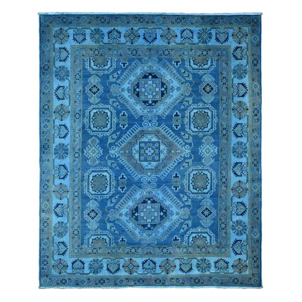 8'x9'9" Imperial Blue, 100% Wool, Overdyed Kazak with Geometric Medallions Design, Hand Knotted, Oriental Rug HR20013
