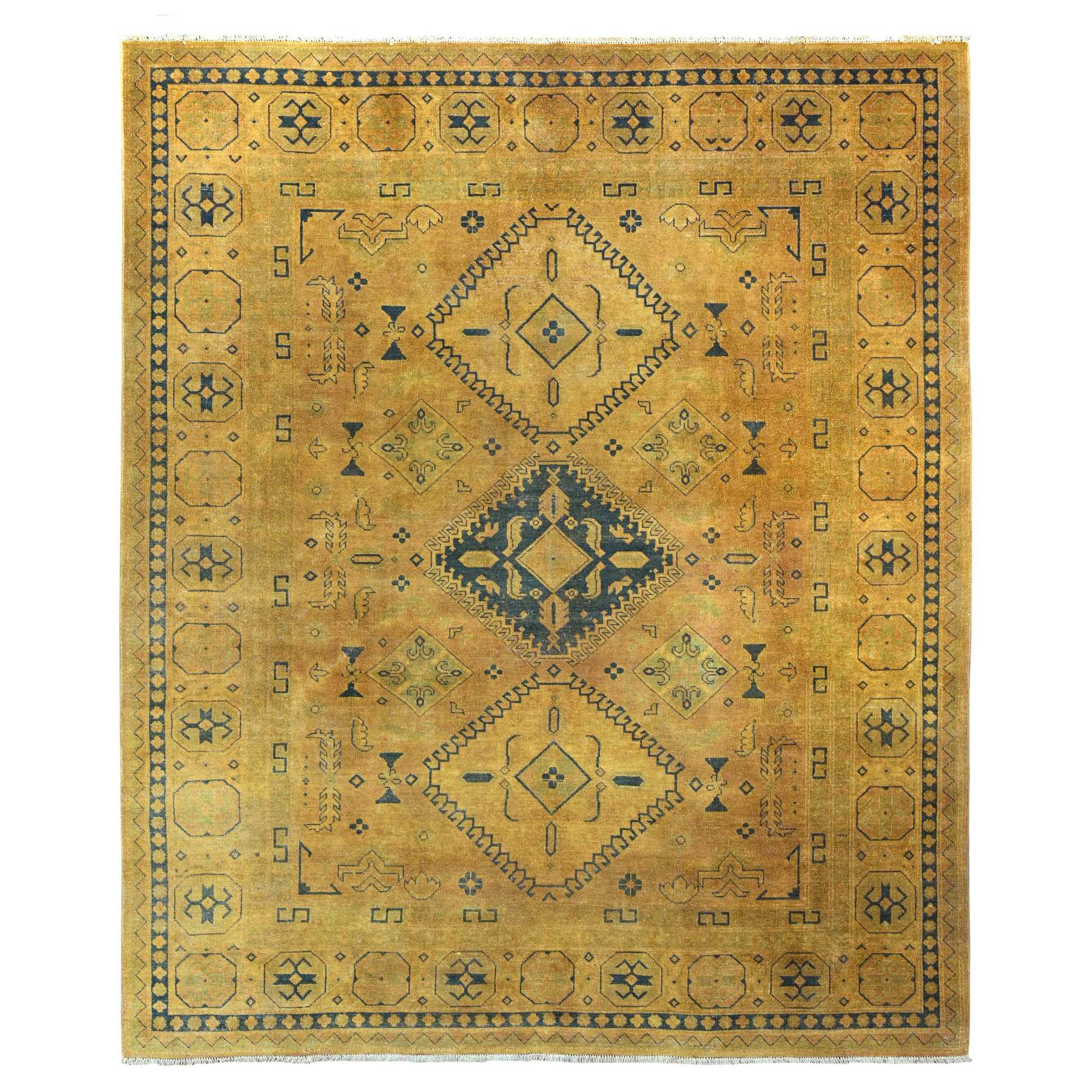 8'x9'5" Honey Brown, Overdyed Kazak with Geometric Medallions Design, Hand Knotted, 100% Wool, Oriental Rug HR20014