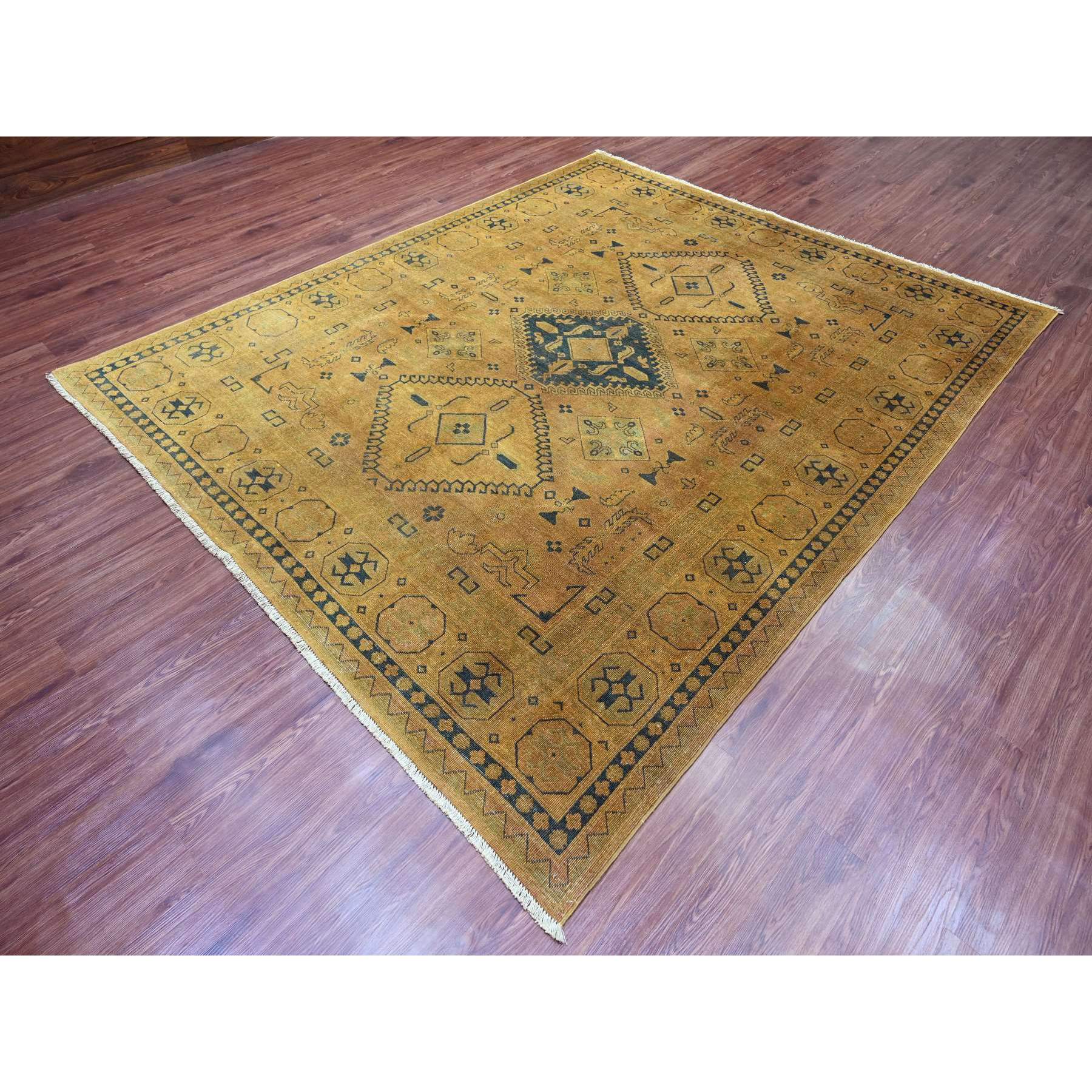8'x9'5" Honey Brown, Overdyed Kazak with Geometric Medallions Design, Hand Knotted, 100% Wool, Oriental Rug HR20014 - Image 3