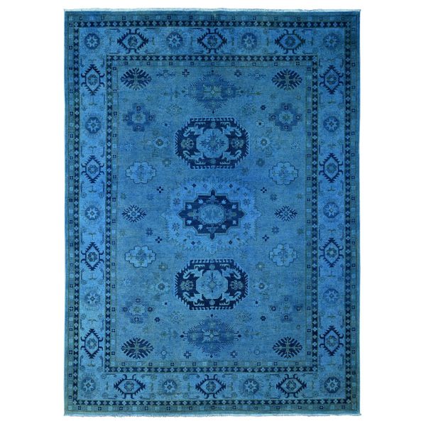 8'8"x11'9" Bayern Blue, Hand Knotted, Overdyed Kazak with Geometric Medallions Design, 100% Wool, Oriental Rug HR20015