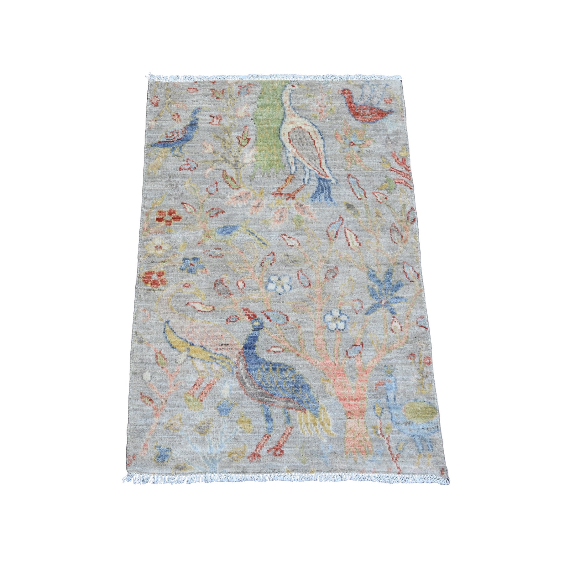 2'1"x3'1" Medium Gray, Afghan Peshawar with Birds of Paradise Design, Hand Knotted, Soft Wool, Veggie Dyes, Mat, Sample, Oriental Rug HR20036
