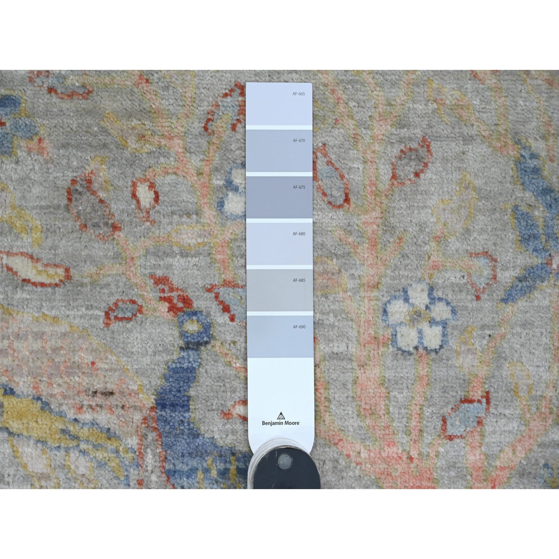 2'1"x3'1" Medium Gray, Afghan Peshawar with Birds of Paradise Design, Hand Knotted, Soft Wool, Veggie Dyes, Mat, Sample, Oriental Rug HR20036 - Image 3