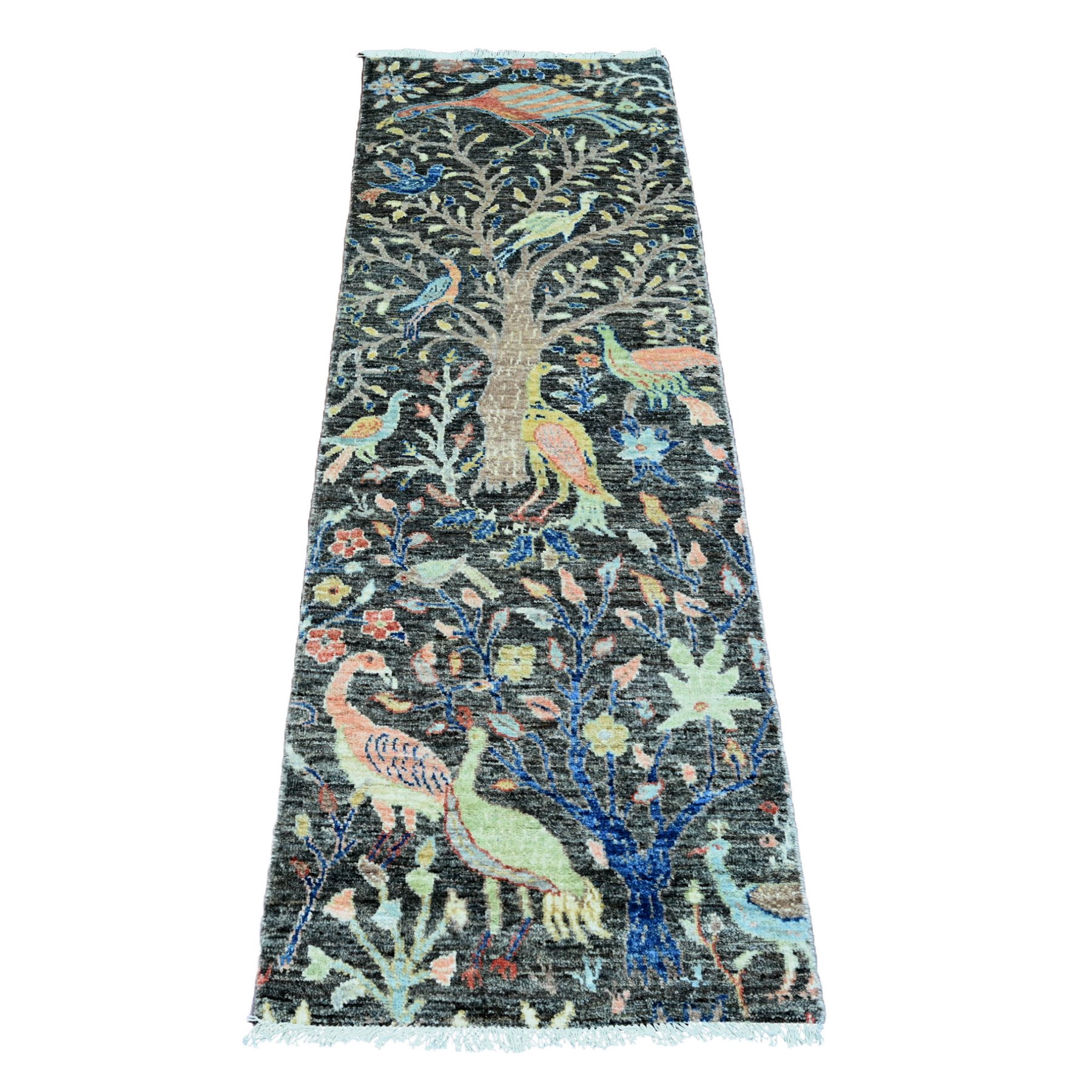 2'x6'2" Pebble Gray, Hand Knotted, Afghan Peshawar, Tree of Life, Birds of Paradise Design, Veggie Dyes, Pure Wool, Narrow Runner, Oriental Rug HR20043