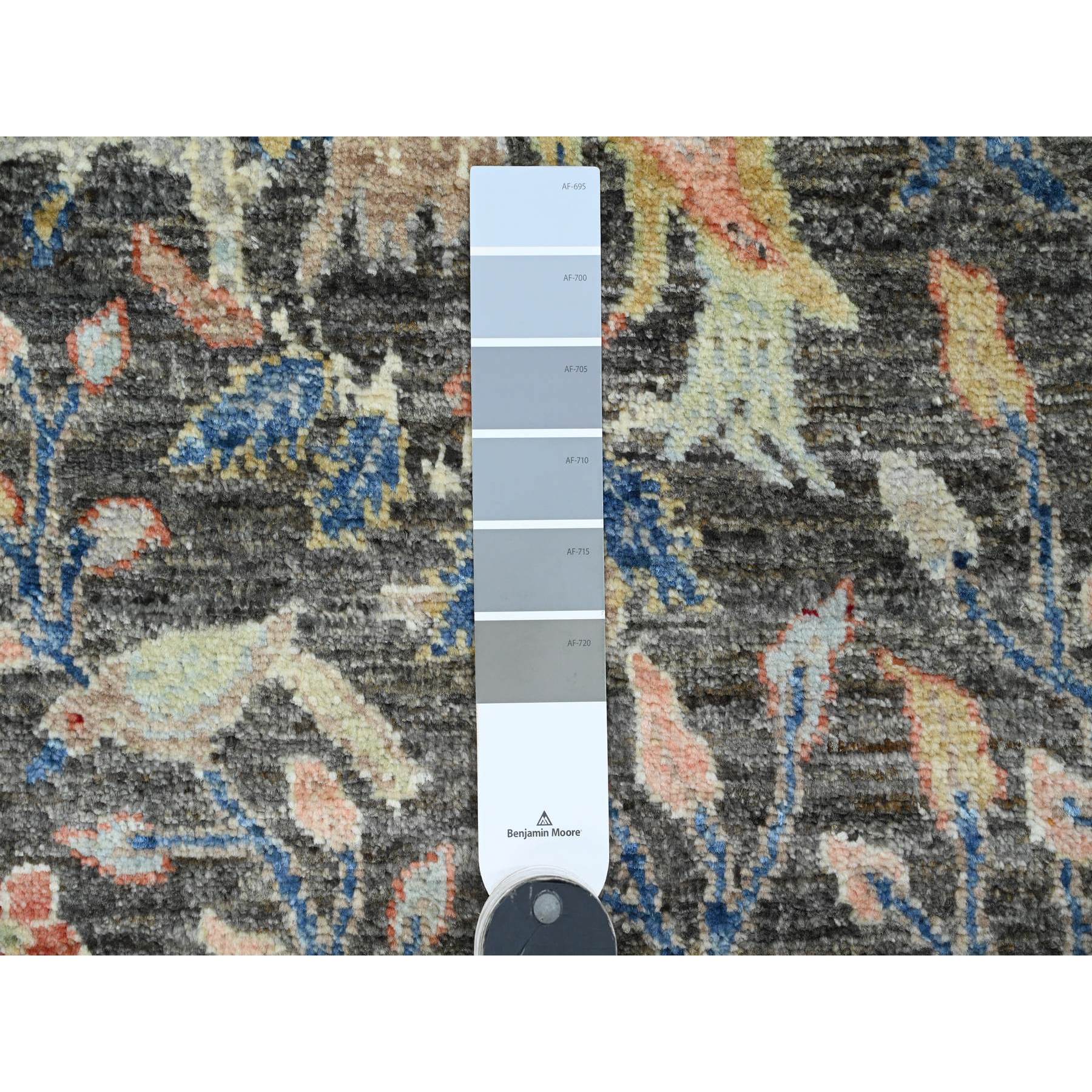 2'x6'2" Pebble Gray, Hand Knotted, Afghan Peshawar, Tree of Life, Birds of Paradise Design, Veggie Dyes, Pure Wool, Narrow Runner, Oriental Rug HR20043 - Image 3