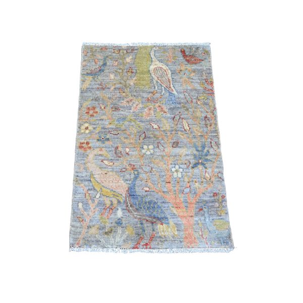 2'1"x3'2" Carolina Blue, Afghan Peshawar with Birds of Paradise Design, Hand Knotted, Soft Wool, Vegetable Dyes, Sample, Mat, Oriental Rug HR20048