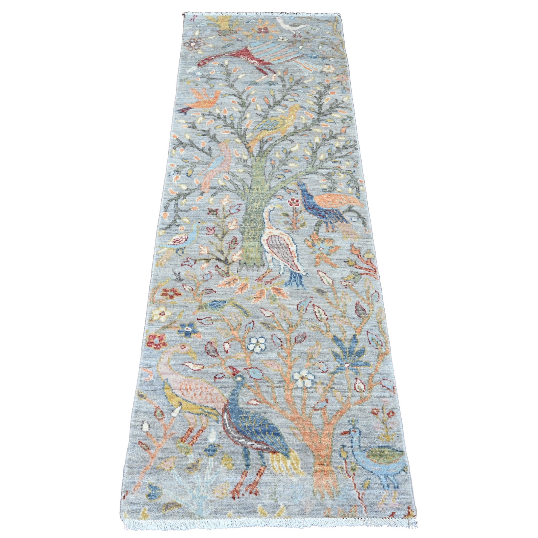 2'x6'2" Spanish Gray, Afghan Peshawar with Birds of Paradise Design, Hand Knotted, Natural Dyes, Soft Wool, Short Runner, Oriental Rug HR20049