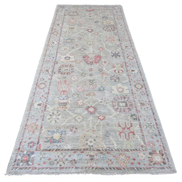 4'2"x9'10" Spanish Gray, Afghan Angora Oushak with All Over Vines Design, Vegetable Dyes, Hand Knotted, Pure Wool, Wide Runner, Oriental Rug HR20068