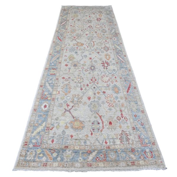 3'10"x12'3" Pearl White, Afghan Angora Oushak with Colorful Leaf Design, Hand Knotted, Veggie Dyes, 100% Wool, Runner, Oriental Rug HR20074