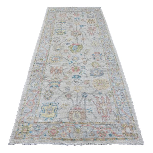 4'1"x9'6" Chiffon White, Hand Knotted, Afghan Angora Oushak with Colorful Leaf Design, Vegetable Dyes, 100% Wool, Wide Runner, Oriental Rug HR20076