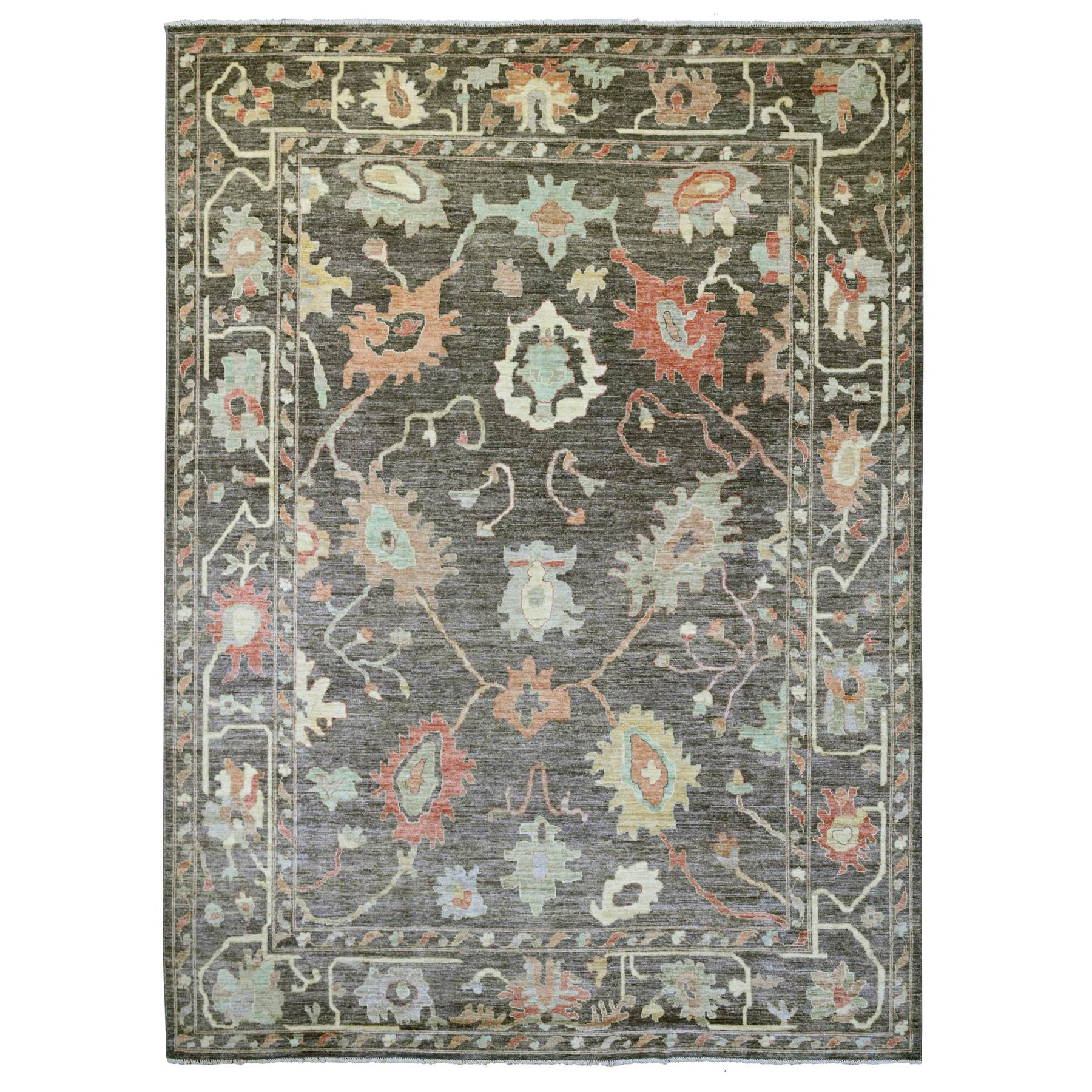 10'x13'5" Mocha Brown, Afghan Angora Oushak with Soft Colors Leaf Design, Hand Knotted, Vegetable Dyes, 100% Wool, Oriental Rug HR20093