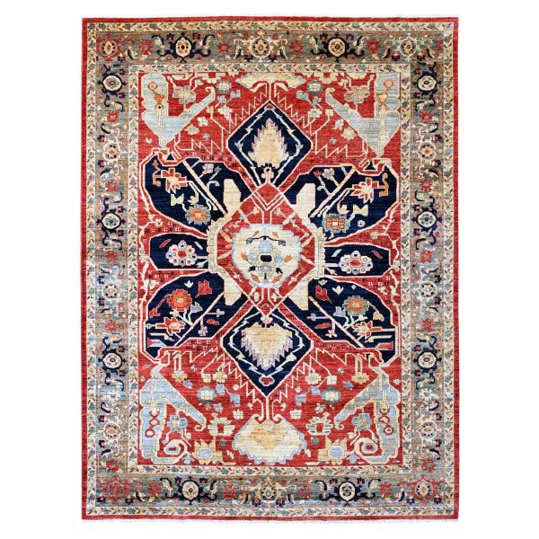 9'x12' Prismatic Red, Serapi Heriz with Large Flower Design, Peshawar, Hand Knotted, Veggie Dyes, 100% Wool, Densely Woven, Oriental Rug HR20104